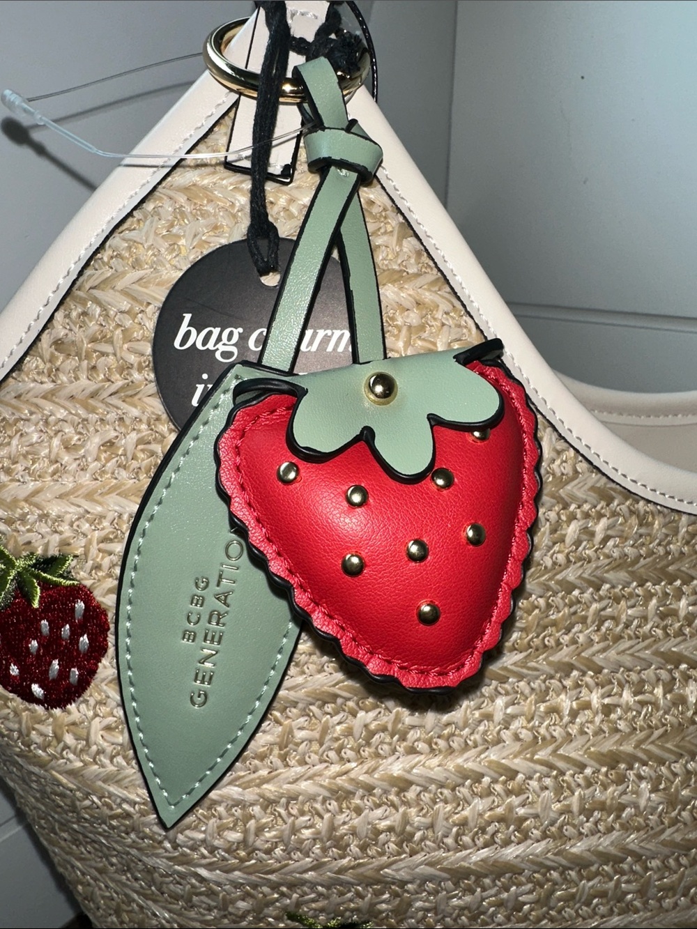 BCBGeneration Straw Tote with Red Strawberry Appliqués and Cream Trim - Picture 4 of 15